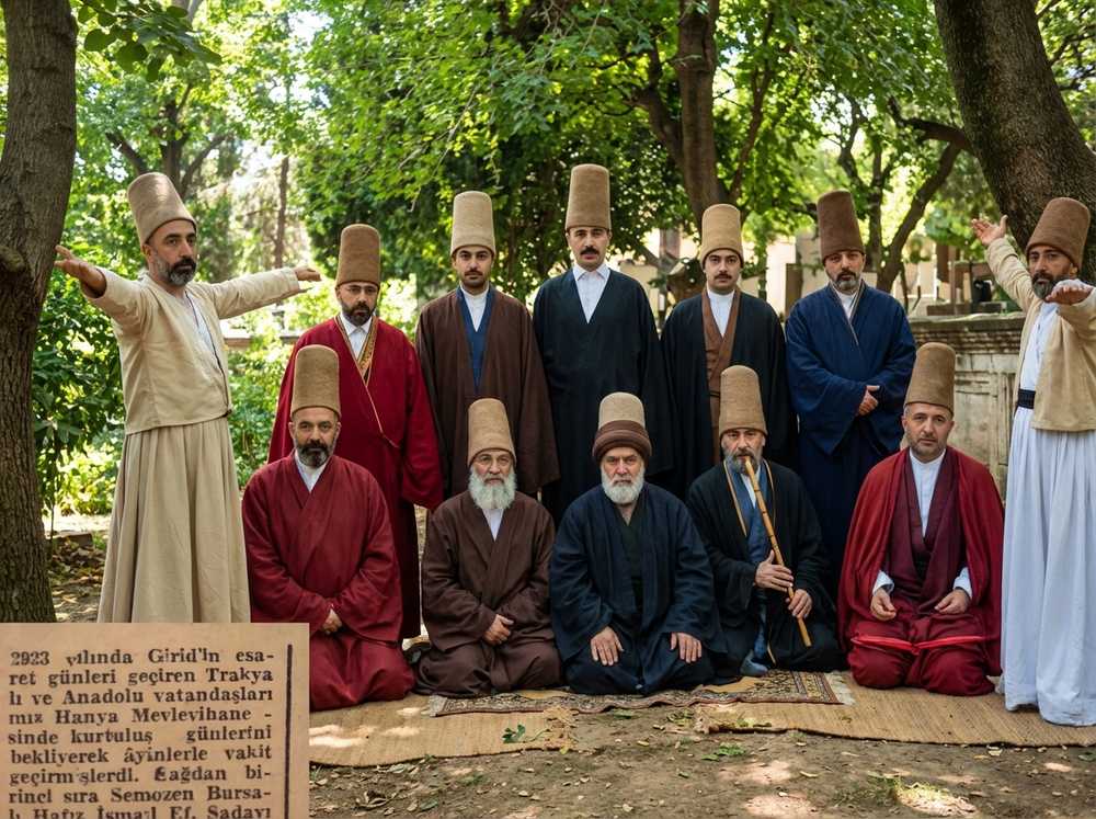 Resim 2: Yıl 1923, Girit Hanya Mevlevihanesi mensupları toplu halde. 1- Edirneli Neyzen Hüsameddin Bey, 2- Edirne Eski Cami İmamı Hafız Rakım Ertür