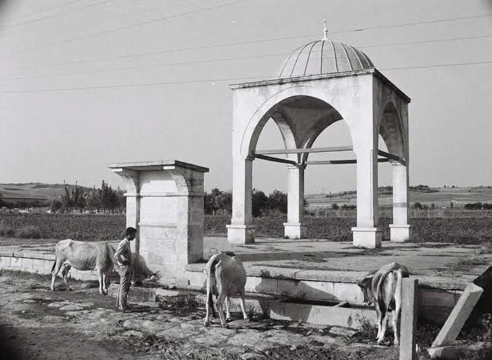 Resim 3: Hacılar Ezanı Çeşmesi’nin eski bir fotoğrafı. Hayvanların su içtiği çeşme yalağı görülmektedir. Henüz yol yükseltilmemiş ve yalak zemin altında kalmamıştır (5)