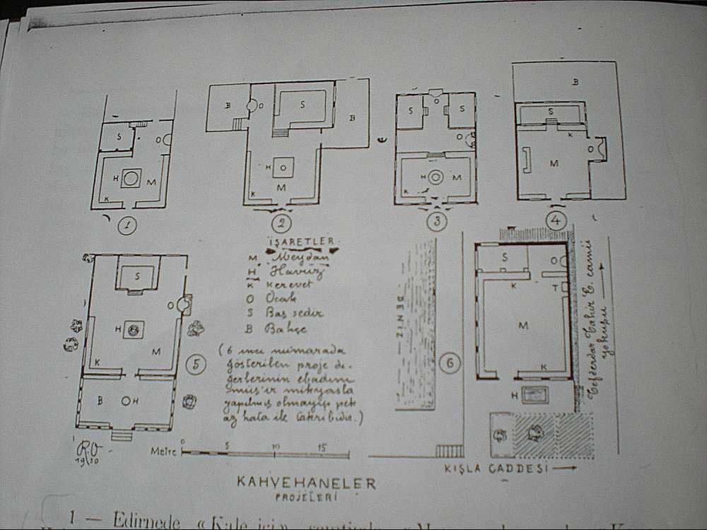 Dr. Rıfat Osman tarafından çizilmiş olan kahvehane projeleri... İşaretler: “M” Meydan,  “H”Havuz, “K” Kerevet, “ O” Ocak, “S” Baş sedir, “B” Bahçe