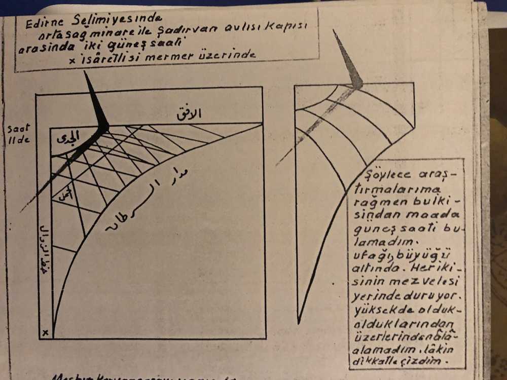 Resim 3- Prof. Dr. A.Süheyl Ünver tarafından çizilen Selimiye Camiindeki Güneş saati (x işaretlisi mermer üzerinde)