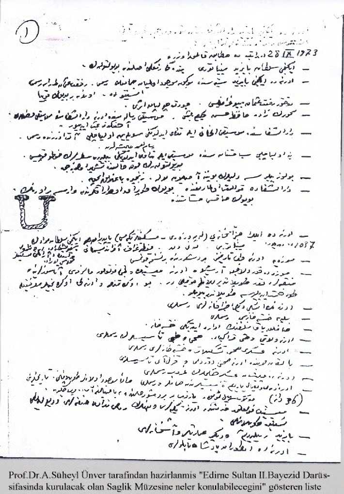 Prof.Dr.A. Süheyl Ünver tarafından hazırlanmış "Edirne Sultan II. Bayezid Darüşşifasında kurulacak olan Sağlık Müzesine neler konulabileceğini" gösteren liste