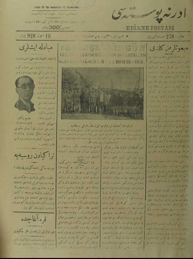 Resim-1: 16 Eylül 1928 tarihli Edirne Postası gazetesi