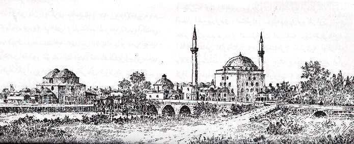 Resim 13: 1 Edirne Sultan II.Bayezıd Külliyesi (Dr.Rıfat Osman Bey tarafından çizilimiştir. Resimde Cami, Medrese-i Etibba, Dârüşşifa, Tabhâne, İmaret (Aşevi),Çifte hamam, Değirmen, Köprü, Su dolabı görülmektedir.)