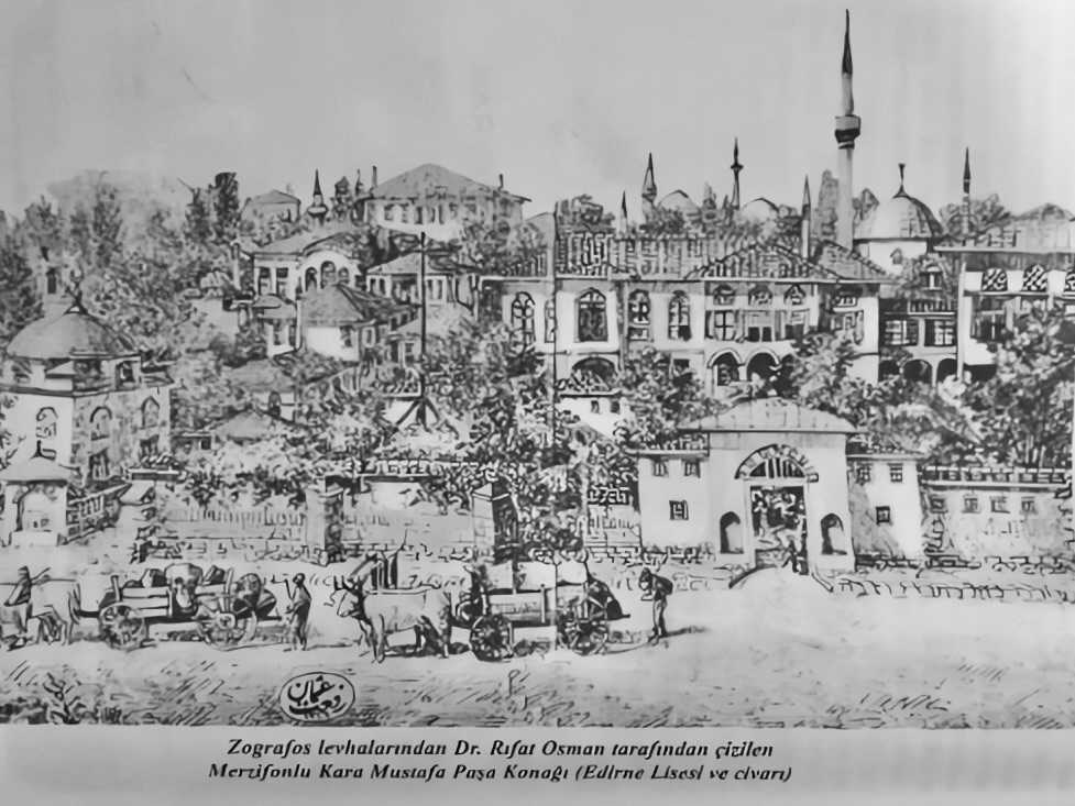 Resim 1: Tarihi Edirne Evlerini gösteren bir resim. Dr. Rıfat Osman Bey tarafından yapılmıştır.